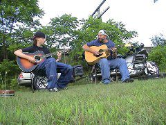 Jr. & I jamming next to the tracks.